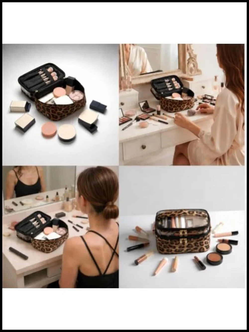 Double Layer Leopard Print Travel Cosmetic Organizer Toiletry Bag